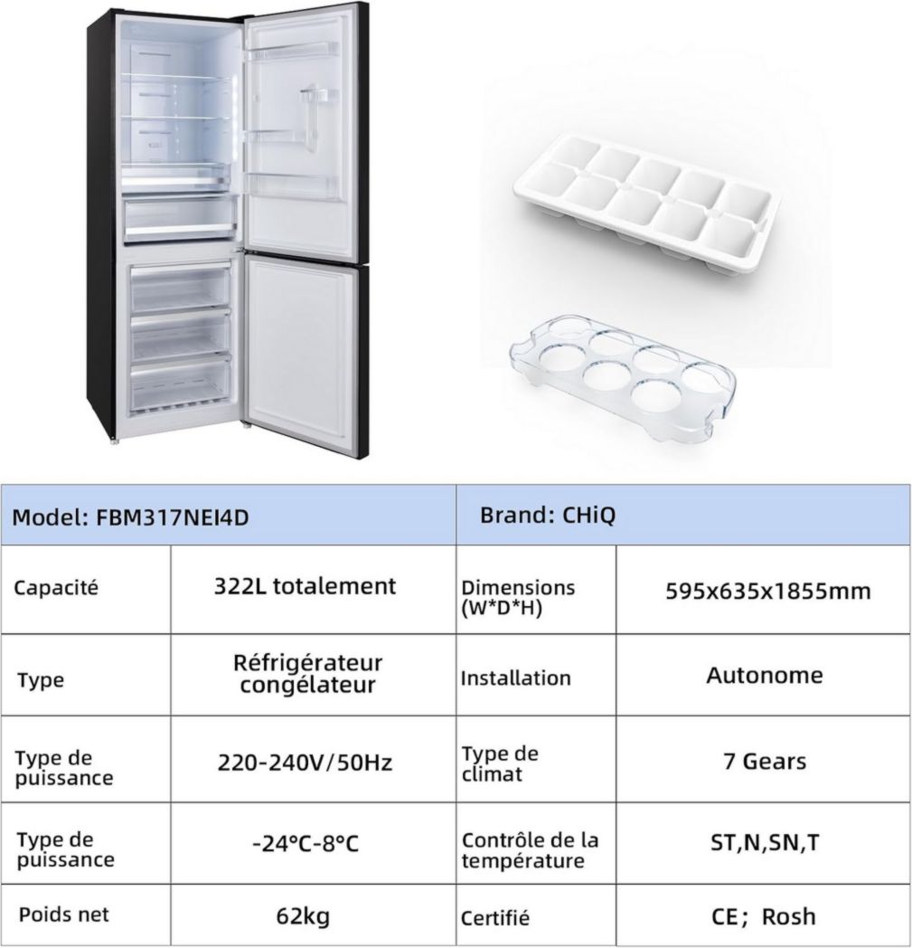 Réfrigérateur congélateur inférieur CHIQ FBM157L42 157 L (109 + 48), largeur 47 cm, Low Frost, 39 dB, portes réversibles, garantie 12 ans sur le compresseur