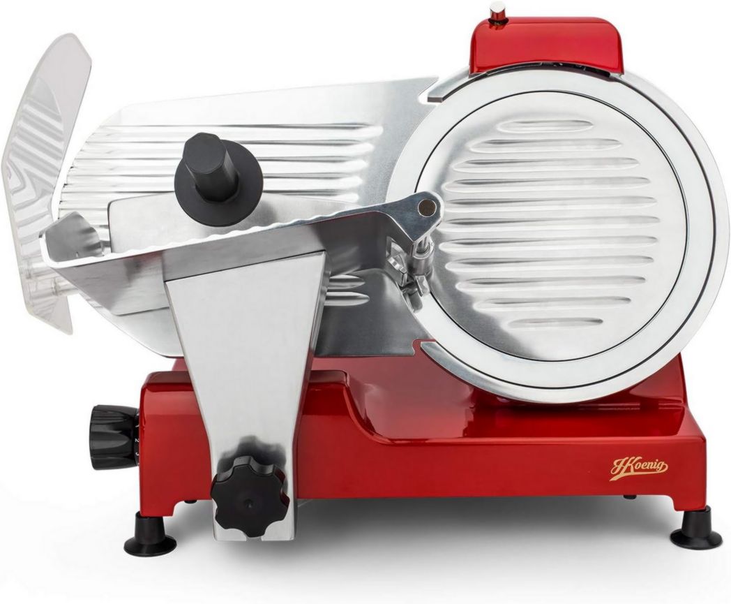 Trancheuse à viande électrique H.Koenig MSX254, Charcuterie, Professionnelle, Précise, Coupe 0-12 mm, Lame 25 cm, Aiguiseur intégré, Grand plateau, 282 tr/min, Rouge
