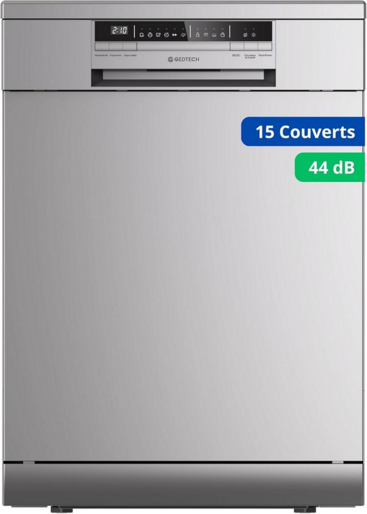 Lave-vaisselle GEDTECH GLV1542DX 15 ch - Tiroir à couverts - 42 dB - Ultra silencieux - Départ différé - Éco - Intensif - Rapide - Faible consommation - Classe C - Inox foncé - Protection enfant