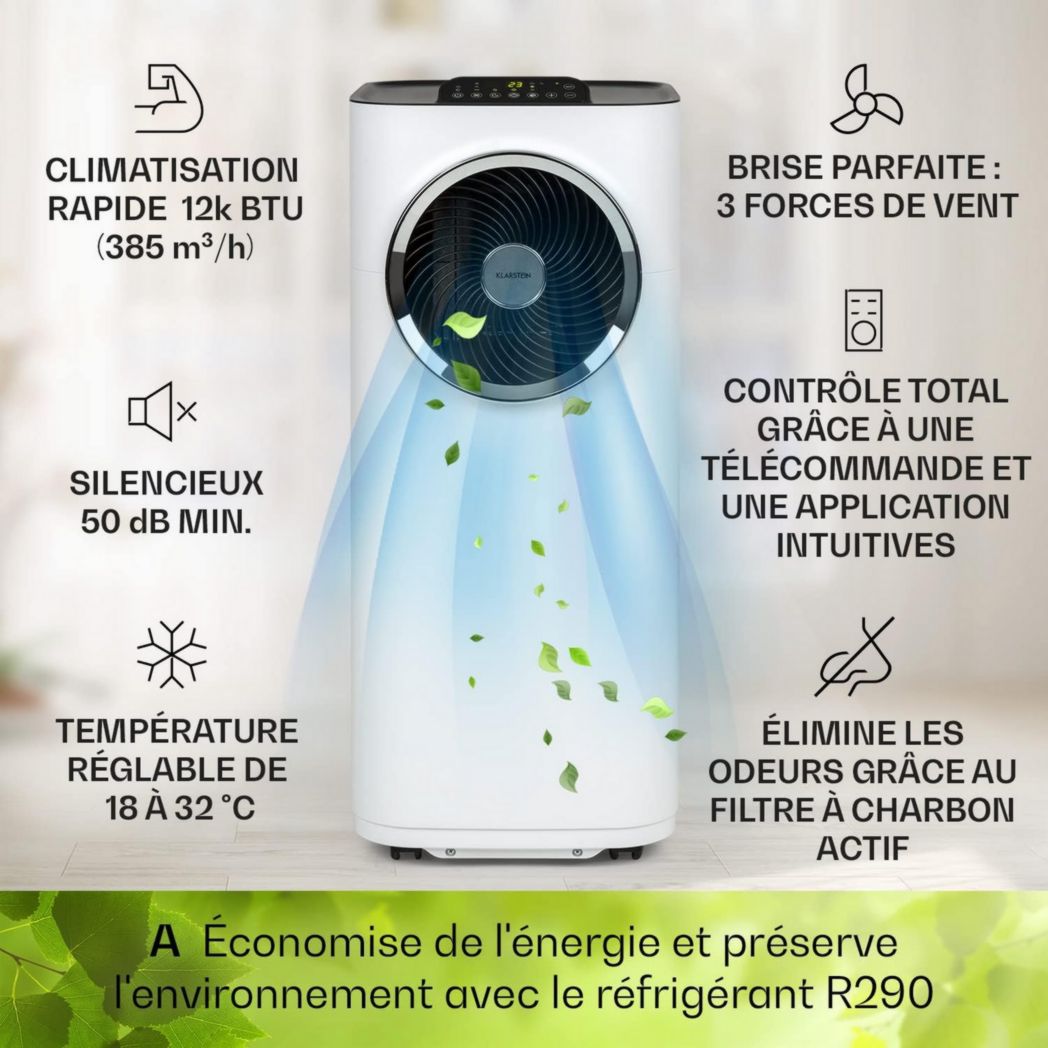 Climatiseur portable silencieux Klarstein, climatiseur portable 5 en 1, mini climatiseur, purificateur et éliminateur d'odeurs, mode nuit, déshumidificateur d'air, faible consommation, 10 000 BTU, climatiseurs