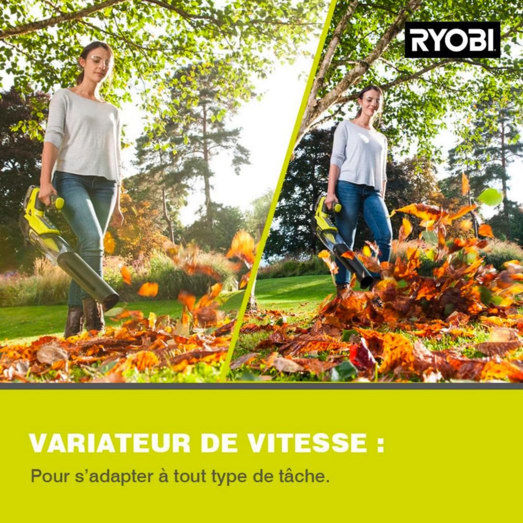 RYOBI - Souffleur aspirateur broyeur sans fil 18 volts ONE+, sans balais - 201 km/h (livré sans batterie) - OBV18