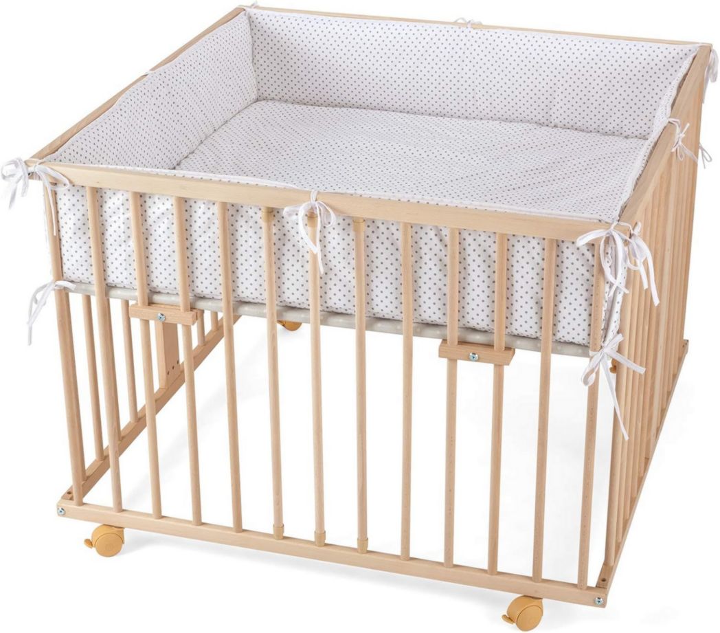 WALDIN - Parc bébé - environ 100 x 100 cm, HÊTRE MASSIF, réglable en hauteur, 2 modèles au choix, naturel non traité, tissu couleur blanc/gris à pois