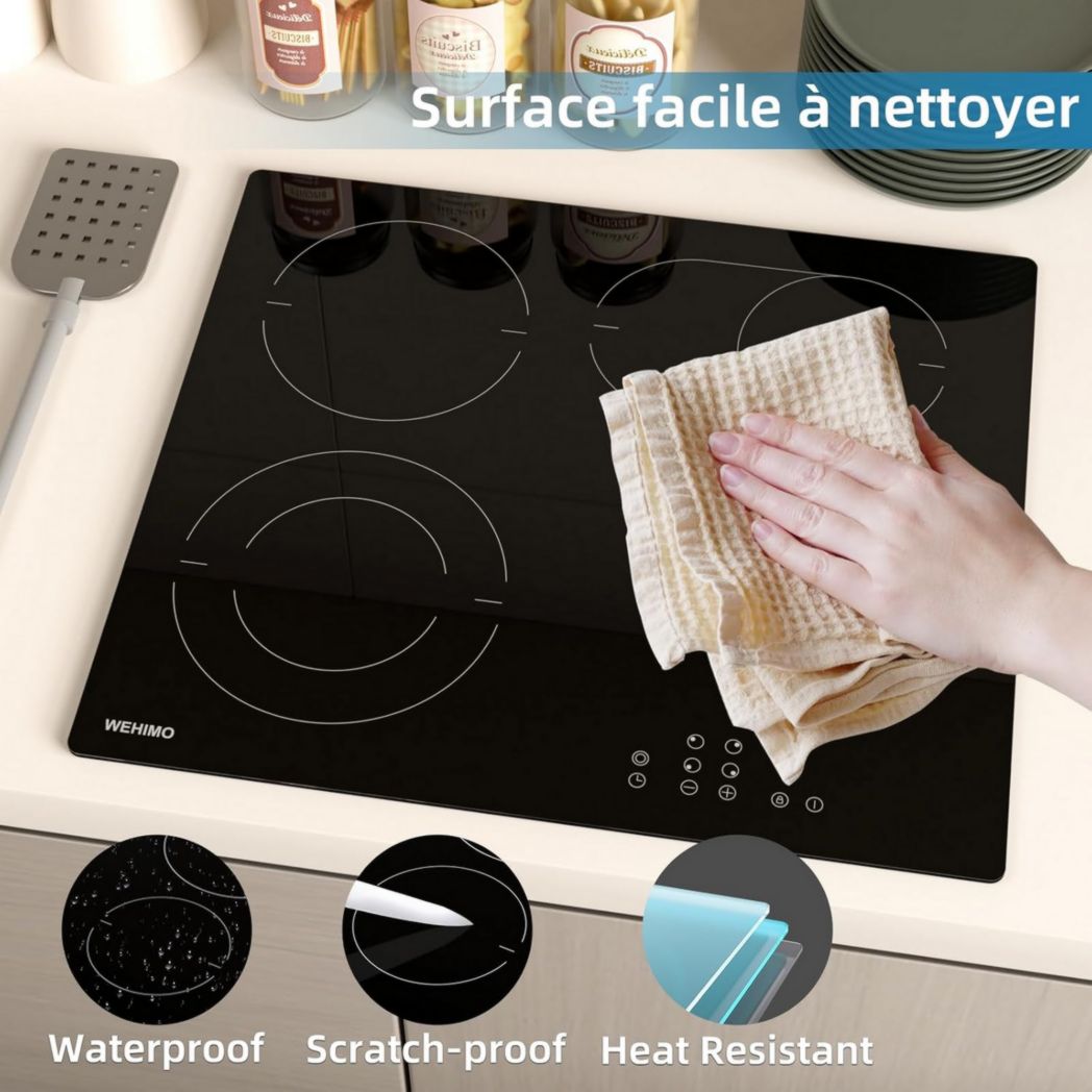 Plaque de cuisson vitrocéramique encastrable 4 feux, WEHIMO 6000W - 59cm - Minuterie, 9 niveaux de puissance, commande tactile, sécurité enfant...