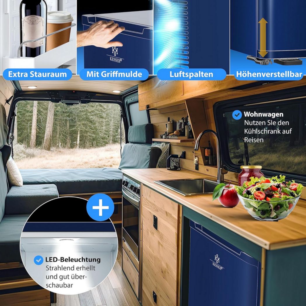 Mini-réfrigérateur KESSER® avec serrure, mini-bar 40 l, silencieux, 22 dB, verrouillable, chambre, butée de porte amovible, environ 4 à 16 °C, hauteur 57 cm, éclairage intérieur
