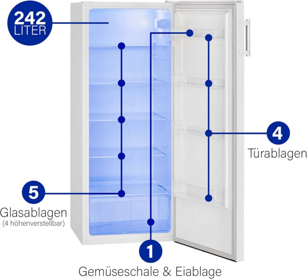 Réfrigérateur Bomann 242L blanc VS7316-1-blanc, Capacité nette : 242 litres, Éclairage intérieur LED, Contrôle continu de la température, 5 clayettes en verre
