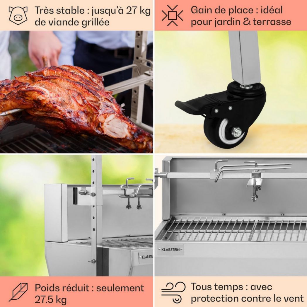Rôtissoire électrique Klarstein, rôtissoire et barbecue, grande broche à cochon de lait, rôtissoire, barbecue 12 W avec 3 pieds en acier inoxydable