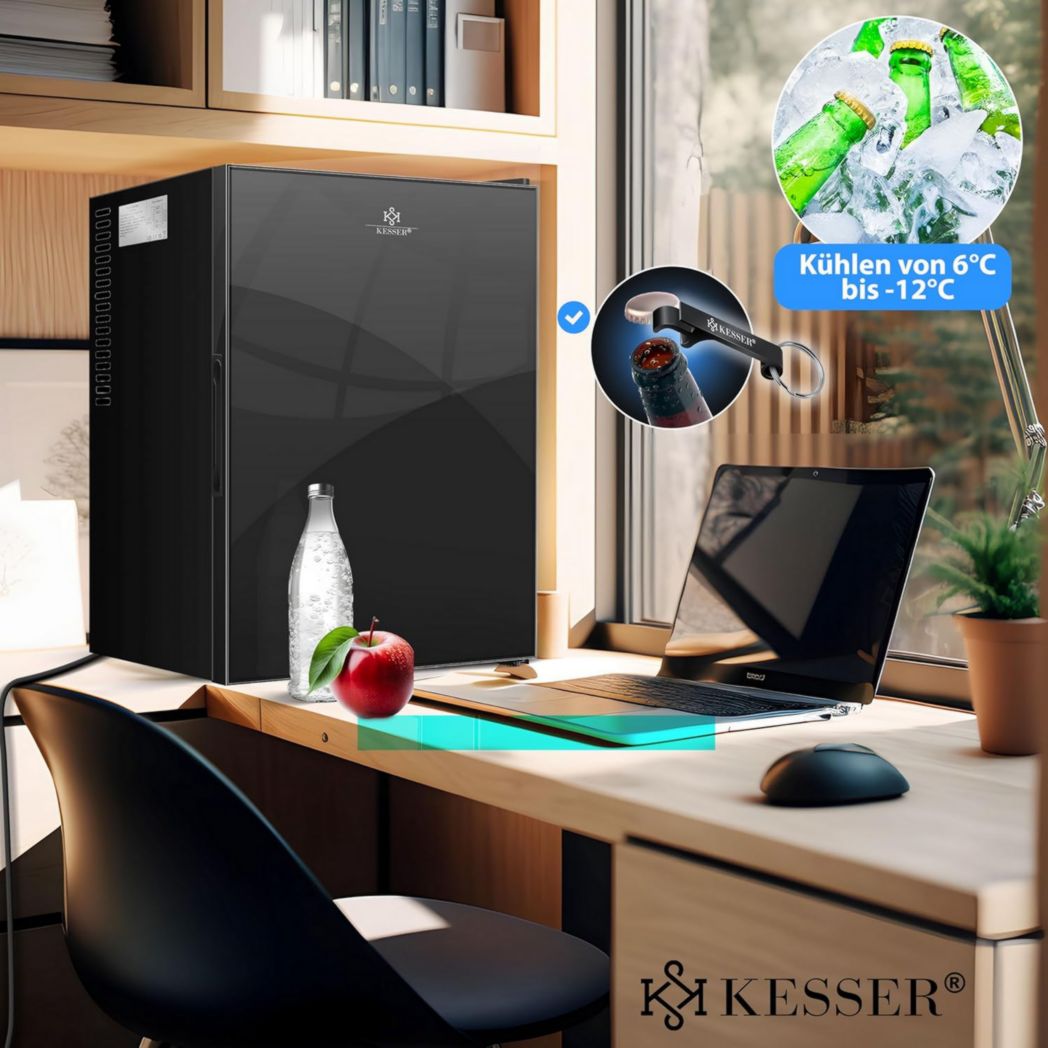 Mini-réfrigérateur KESSER® avec serrure, mini-bar 40 l, silencieux, 22 dB, verrouillable, chambre, butée de porte amovible, environ 4 à 16 °C, hauteur 57 cm, éclairage intérieur