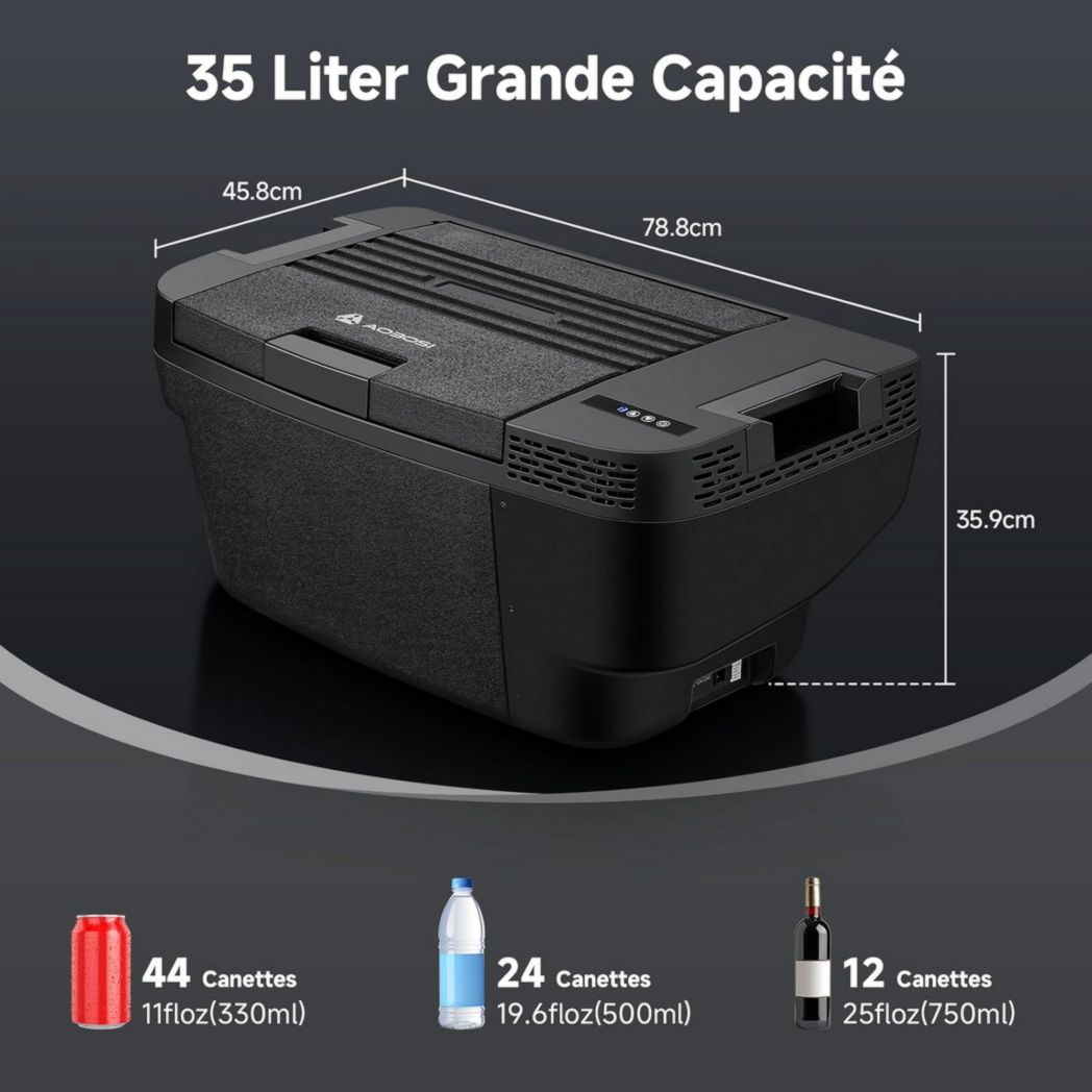 Glacière à compresseur AAOBOSI 46 L, glacière électrique à deux zones, 12 V/24 V et 100-240 V, réfrigérateur de camping, -20 °C à 20 °C, pour voiture, camion, bateau, camping-car