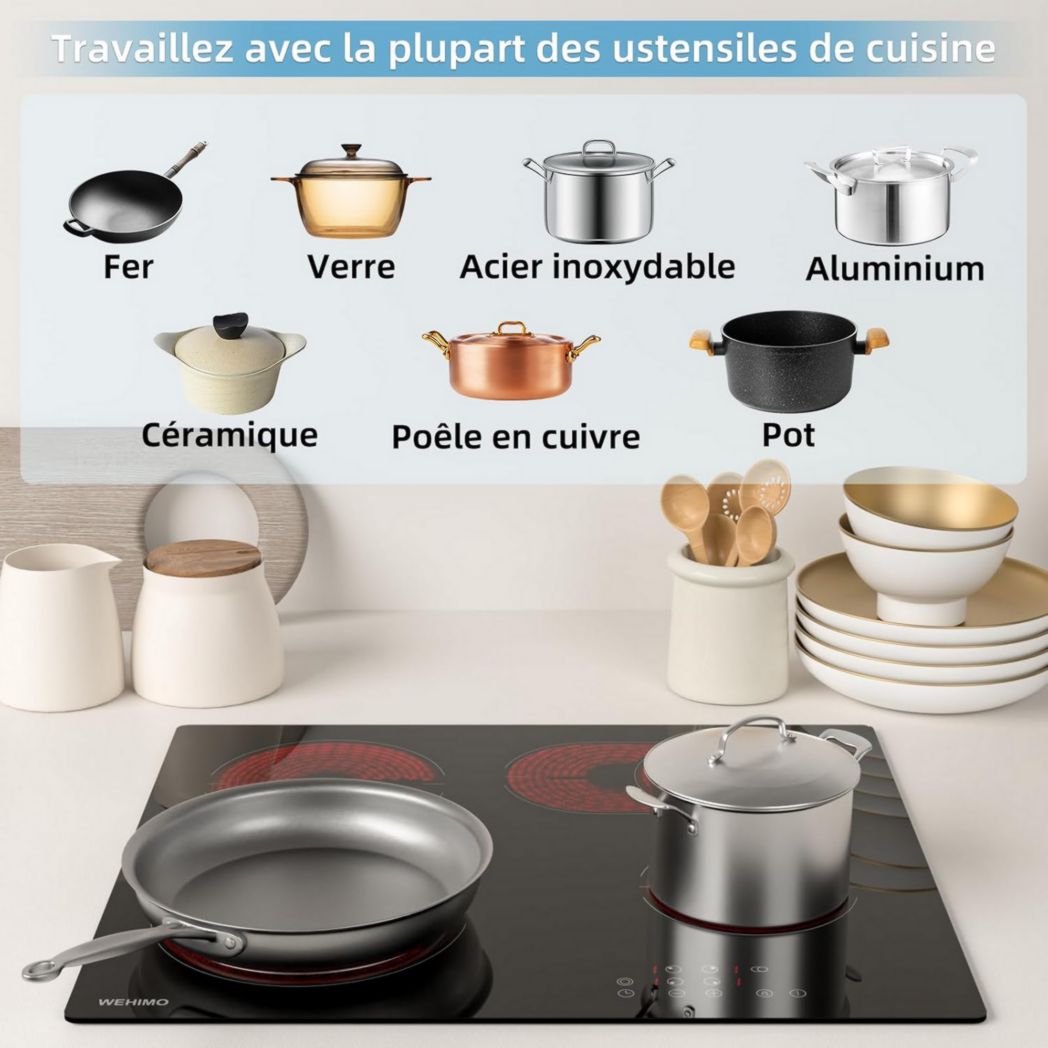 Plaque de cuisson vitrocéramique encastrable 4 feux, WEHIMO 6000W - 59cm - Minuterie, 9 niveaux de puissance, commande tactile, sécurité enfant...