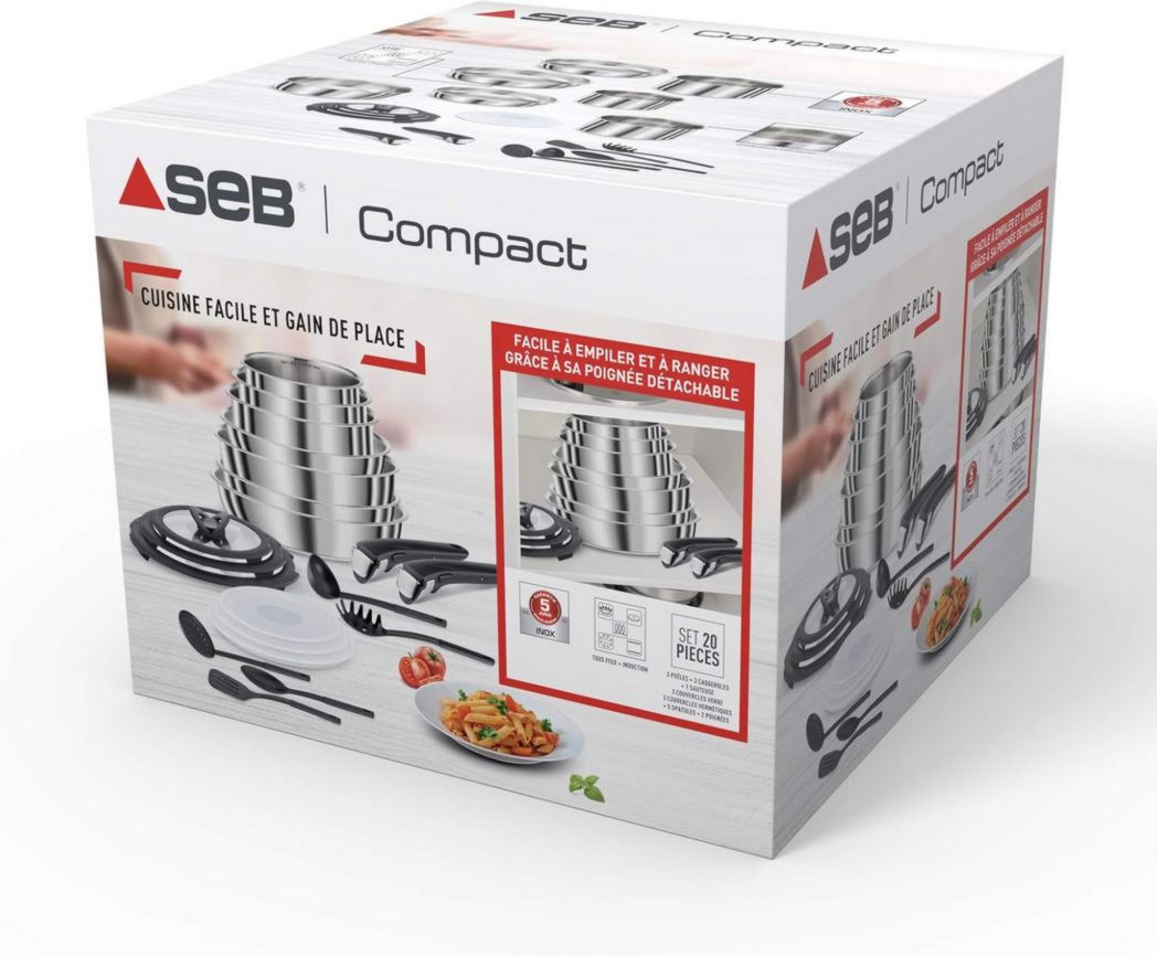 Batterie de cuisine Seb Compact Inox 10 pièces, Induction, poêles 22/24/26 cm, casseroles 16/18/20 cm, sauteuse 24 cm, couvercles 18/20 cm, 1 poignée L953SA04, Noir, argent, ‎35,4 x 35,29 x 26,8 cm