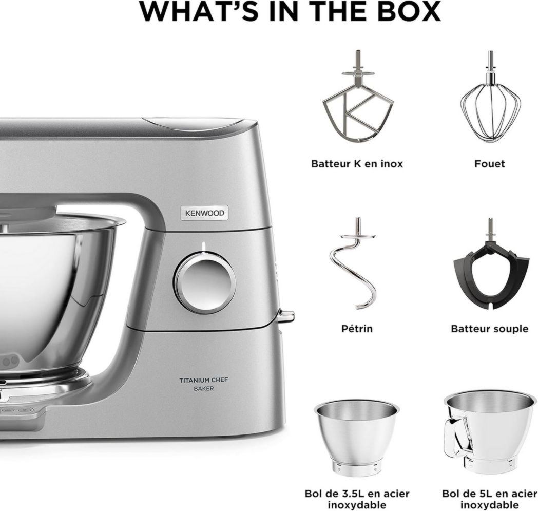 Robot pâtissier Kenwood Titanium Chef Baker XL, avec batteur K-Beater, crochet pétrisseur, fouet et bol de 7 litres, KVL85.424SI, 1 200 W, argent