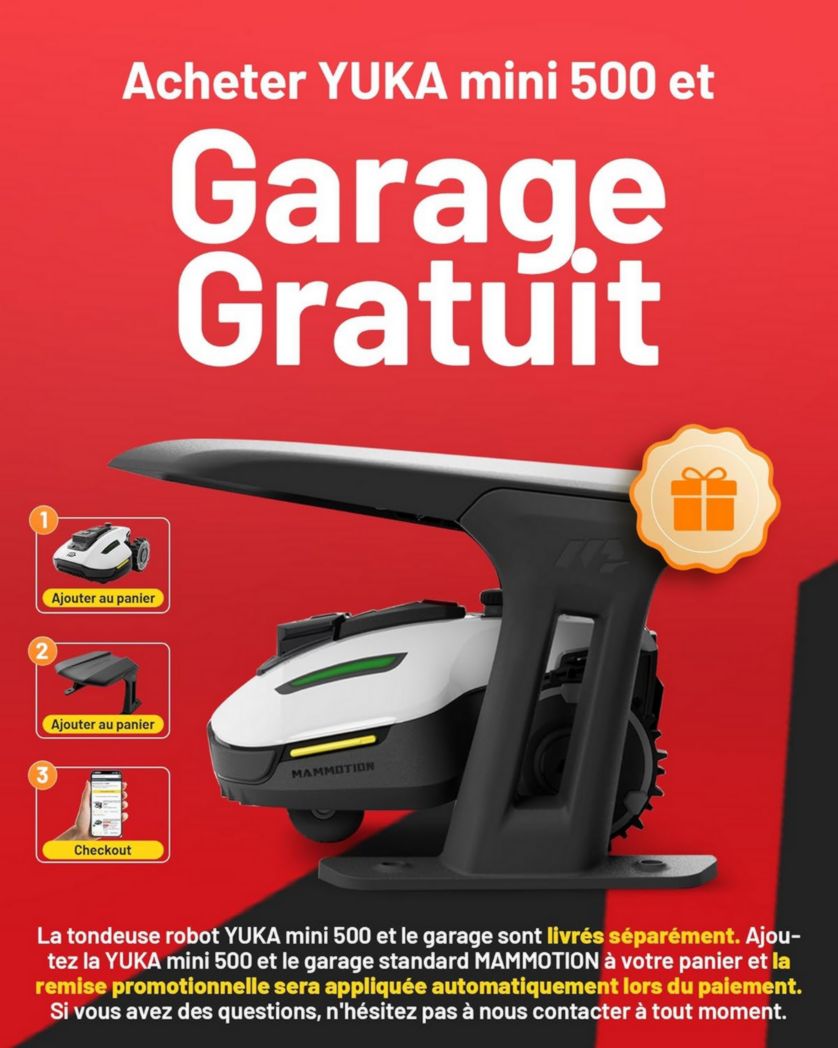 Tondeuse robot sans fil périphérique MAMMOTION YUKA Mini 500, NetRTK+Vision, aucune antenne RTK requise, surface recommandée : 500 m², max. 700 m², pente de 50 %, cartographie automatique, avec module 4G