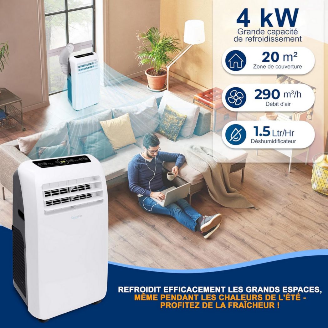 Climatiseur portatif silencieux SereneLife, 9 000 BTU, 3 en 1, avec déshumidificateur intégré, mode ventilateur, télécommande, kit d'extraction complet pour fenêtre, blanc