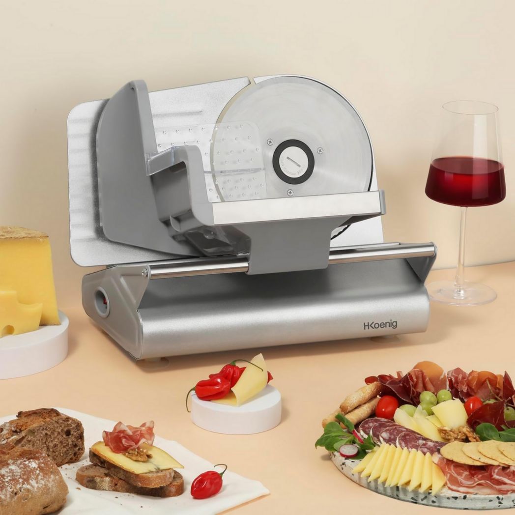 Trancheuse à viande électrique H.Koenig MSX254, Charcuterie, Professionnelle, Précise, Coupe 0-12 mm, Lame 25 cm, Aiguiseur intégré, Grand plateau, 282 tr/min, Rouge