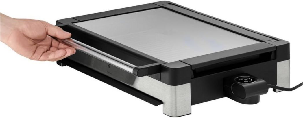 Barbecue électrique de table WMF Lono, acier inoxydable mat, avec couvercle en verre, 2 200 W, plaque de cuisson revêtue