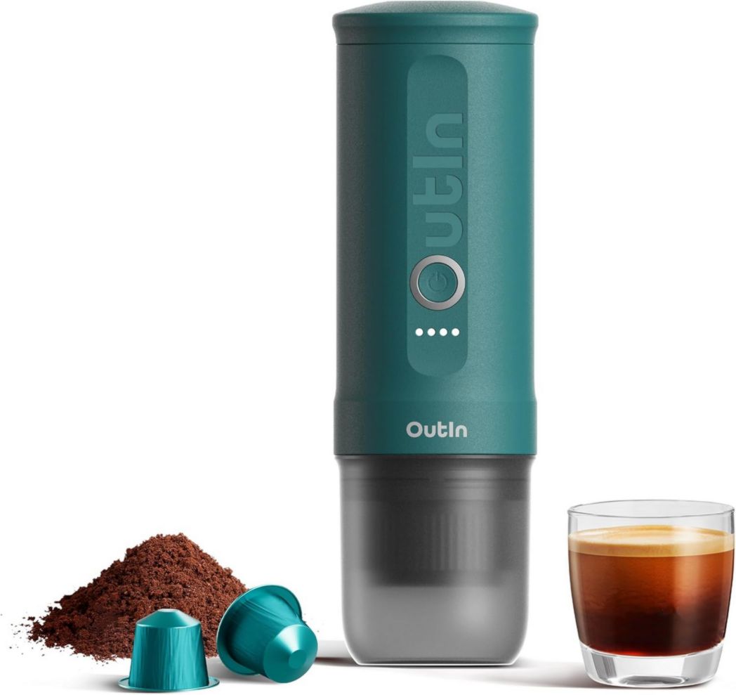 OutIn Nano Mini Machine à expresso portable à piles avec auto-chauffage en 3-4 minutes, petite cafetière de voiture 20 bars 12 V 24 V avec étui de transport, capsules NS (bleu sarcelle)