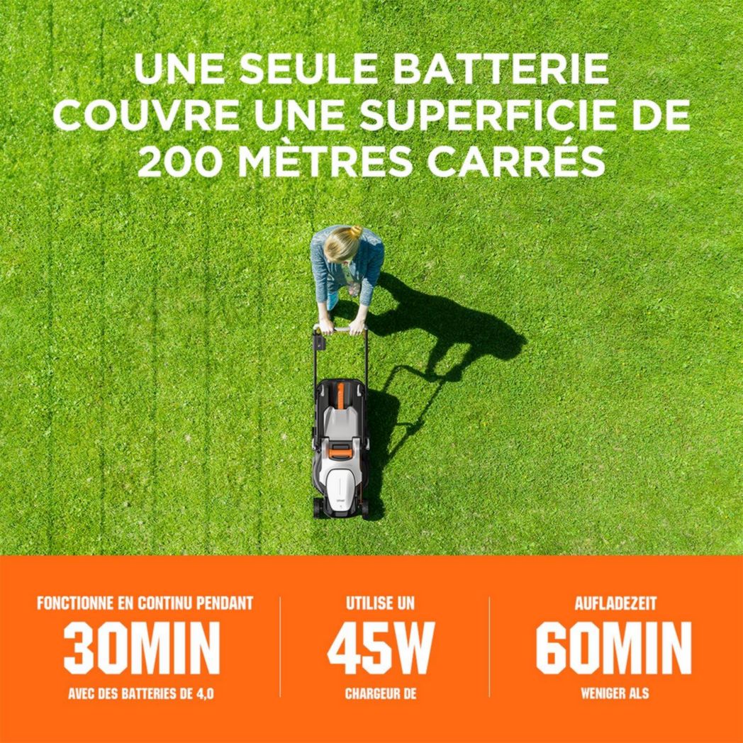 Tondeuse à gazon sans fil Litheli 33 cm, 1 batterie 20 V 4 Ah, hauteur réglable 25-65 mm, bac de ramassage 30 L, pour pelouses jusqu'à 200 m² (jardins et petits espaces)