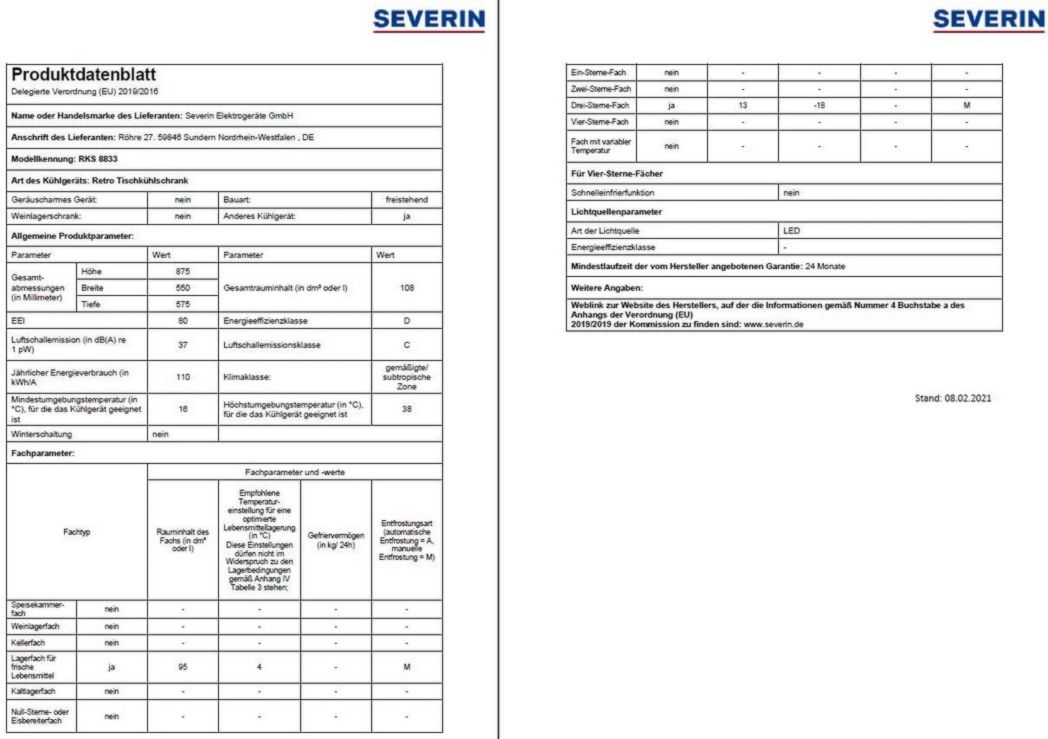 Réfrigérateur-congélateur SEVERIN, Pose libre, Longueur 55 cm, 108 L, Classe D, 110 kWh/an, 37 dB, Look rétro, Crème, RKS 8833