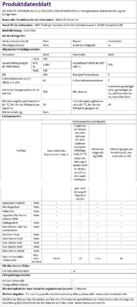 Congélateur coffre professionnel METRO GHF2700S, acier, 188 x 73,5 x 94,5 cm, 700 L, 125 W, 3 paniers, éclairage LED, avec serrure, blanc/gris