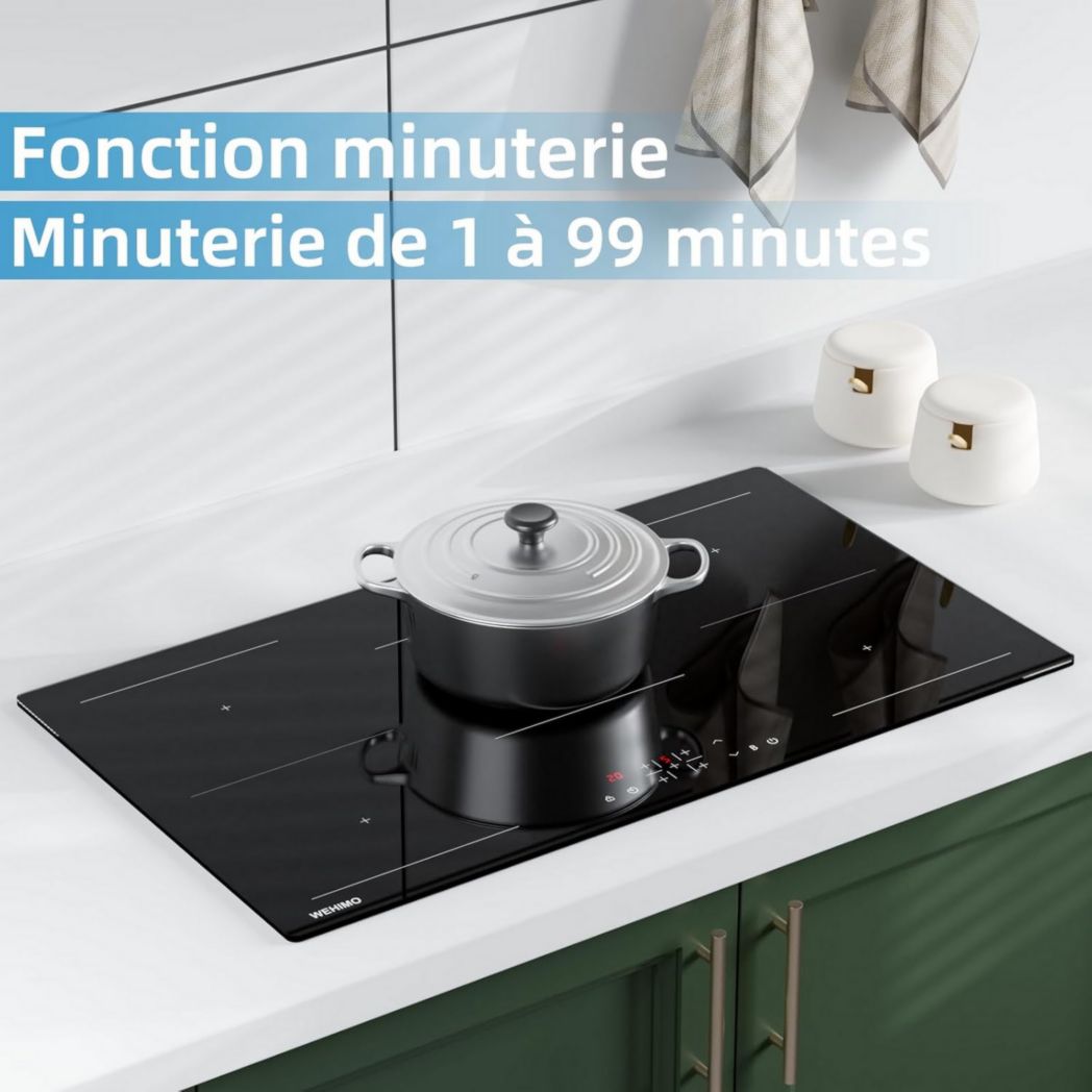 Plaque de cuisson vitrocéramique encastrable 4 feux, WEHIMO 6000W - 59cm - Minuterie, 9 niveaux de puissance, commande tactile, sécurité enfant...