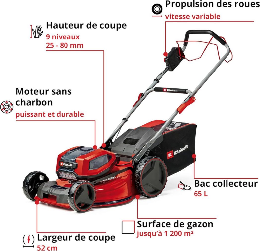 Tondeuse à gazon professionnelle sans fil Einhell GP-CM 36/47 S HW Li Power X-Change (36 V, largeur de coupe 47 cm, autotractée, moteur sans balais) Livrée avec 4 batteries 4,0 Ah et 2 chargeurs doubles
