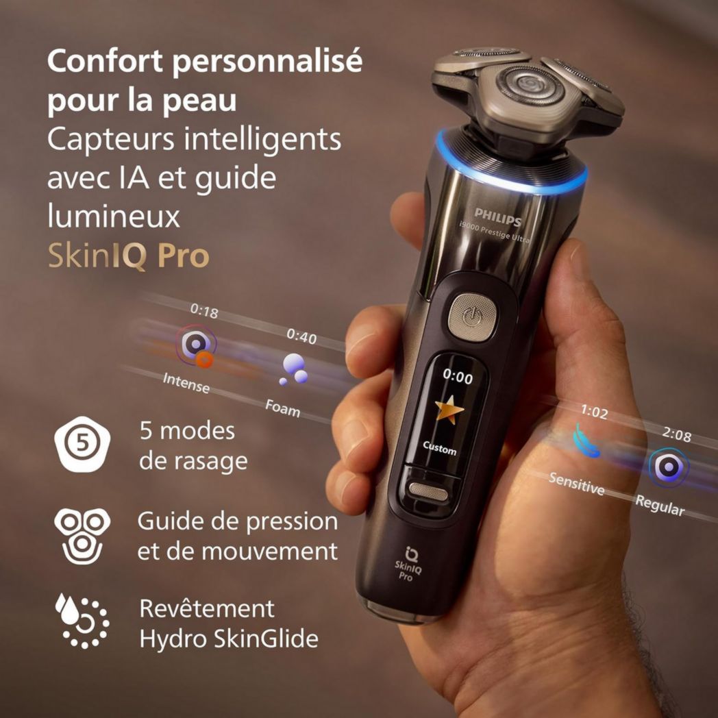 Rasoir Philips i9000 Prestige Ultra, rasoir électrique 100 % étanche, technologie Skin IQ Pro, système Triple Lift & Cut, lames de précision NanoTech rotatives à 360°, 5 modes de rasage, XP9401/38