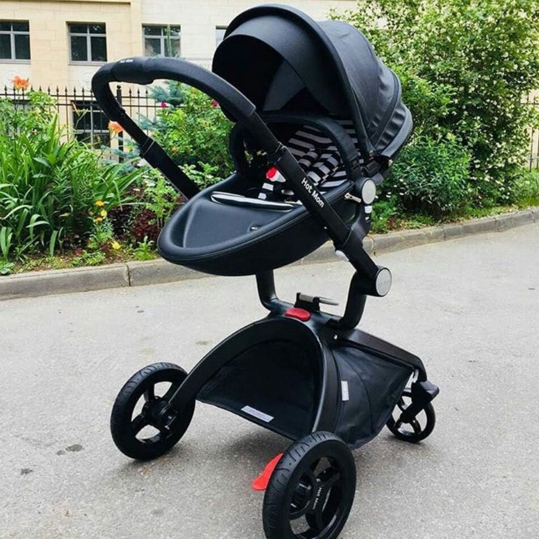 Poussette classique Hot Mom Combi 3 en 1, ensemble complet, cadre en aluminium, pneus en caoutchouc plein, protection contre la pluie et moustiquaire, modèle F22 (noir-3, avec siège auto)