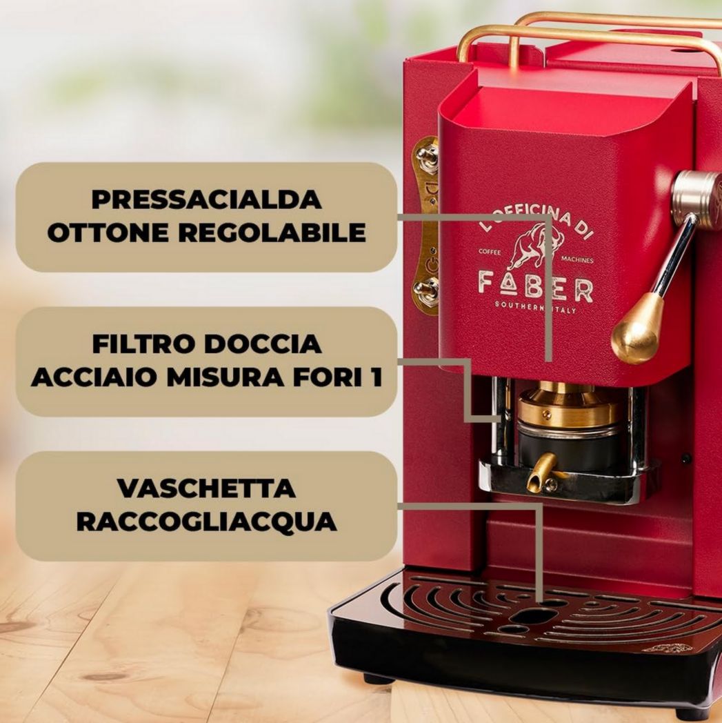 Machines à café Faber | Modèle Pro Total Inox Deluxe | Machine à café à dosettes 44 mm | Pressostat réglable en laiton | Électrovanne standard (laiton)