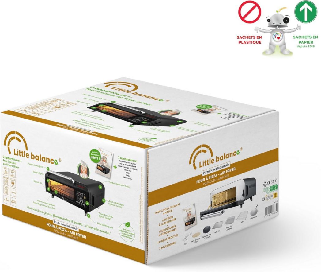 LITTLE BALANCE 8733 Revolution'Air, Four à pizza électrique, Multifonction, 3 en 1, Friteuse à air, Four grill, 10 modes de cuisson, 7 accessoires, Pierres à pizza, Jusqu'à 400 °C, 2000 W, Noir