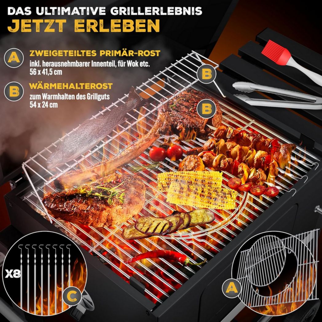 Chariot barbecue KESSER® | Barbecue à charbon XL avec couvercle, roulettes, poignée en acier inoxydable, grille et thermomètre | Grand barbecue à charbon