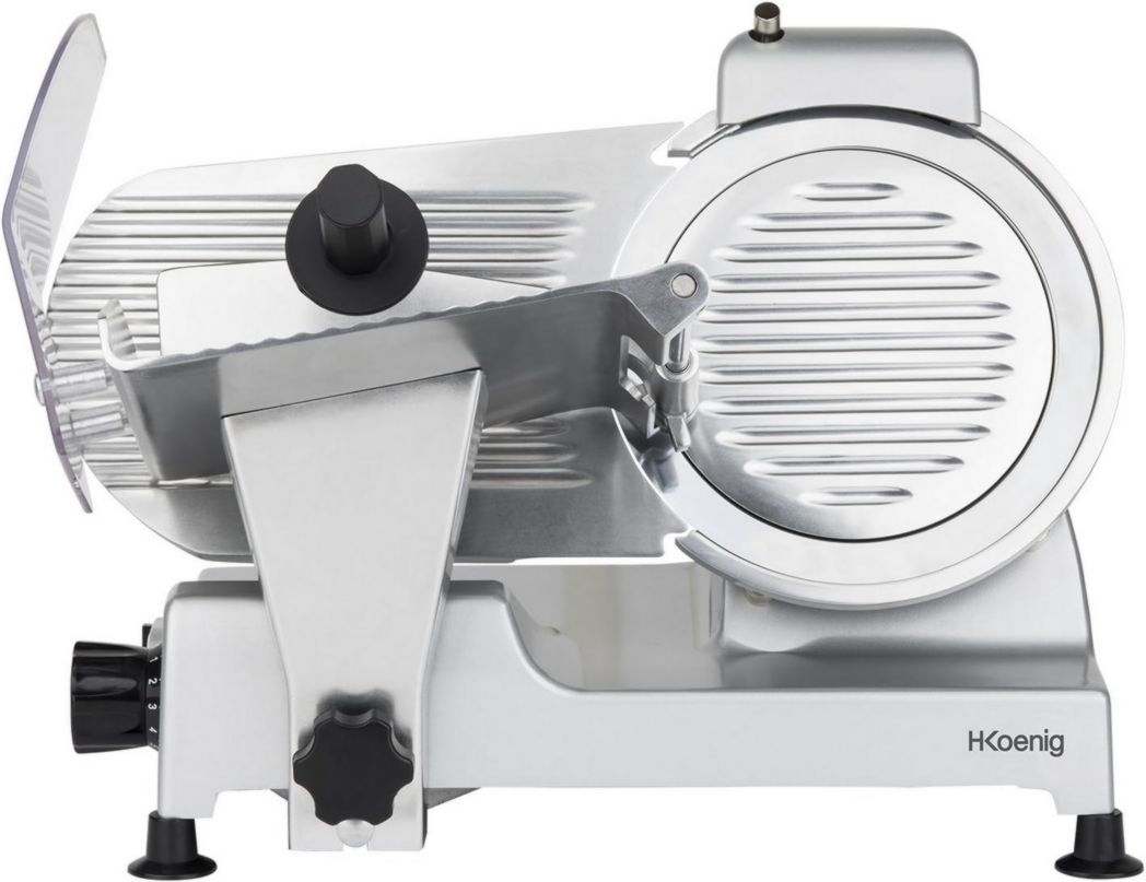 Trancheuse à viande électrique H.Koenig MSX254, Charcuterie, Professionnelle, Précise, Coupe 0-12 mm, Lame 25 cm, Aiguiseur intégré, Grand plateau, 282 tr/min, Rouge