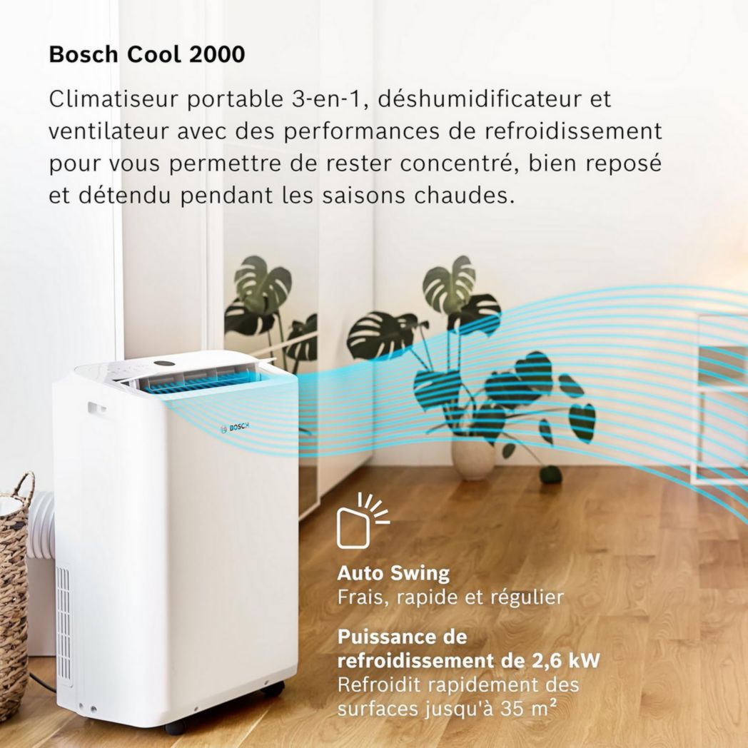 Climatiseur portable Bosch Cool 2000 - 3 en 1 : climatiseur, déshumidificateur, ventilateur - 2,6 kW PAC pour pièces jusqu'à 35 m² - Avec modes automatique, silencieux et veille