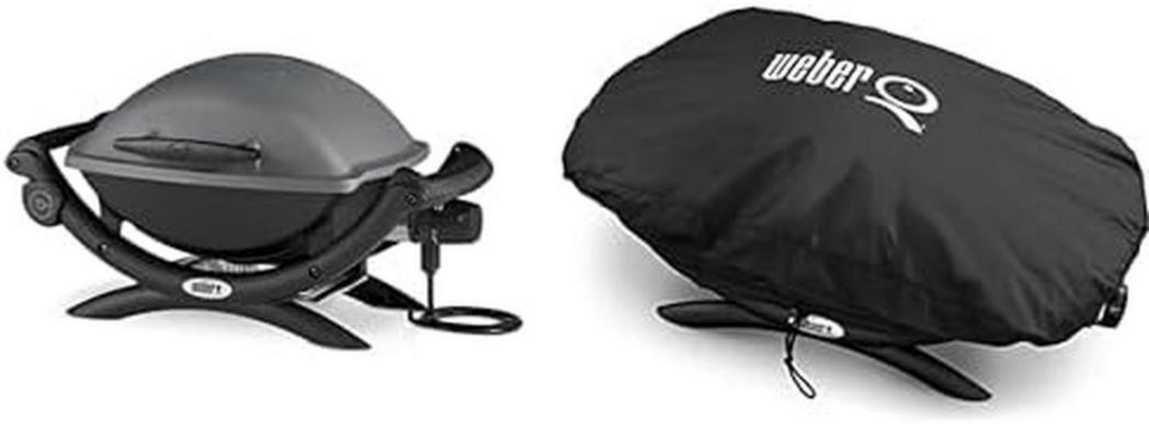 Barbecue électrique Weber Q1400, surface de cuisson 43 x 32 cm, portable, grille en fonte émaillée divisée en 2 parties, couvercle et cuve en fonte d'aluminium - Gris foncé (52020053)