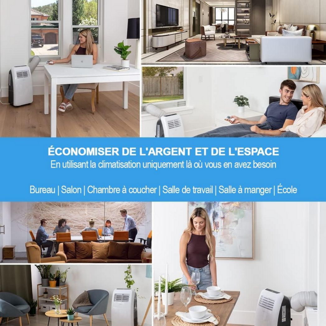 Climatiseur portatif silencieux SereneLife, 9 000 BTU, 3 en 1, avec déshumidificateur intégré, mode ventilateur, télécommande, kit d'extraction complet pour fenêtre, blanc