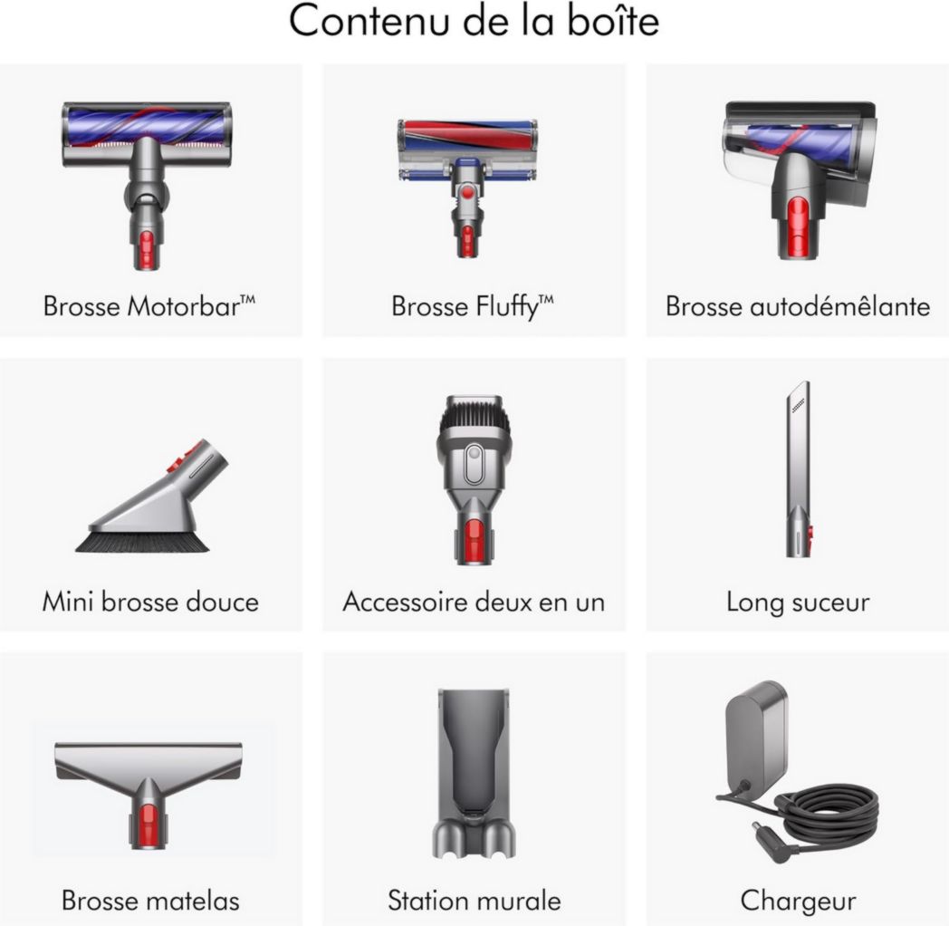 Aspirateur-balai sans fil Dyson V8 Advanced™ – 130 AW, autonomie de 40 min, brosse motorisée auto-démêlante, accessoires combinés, station d'accueil murale, argent/nickel