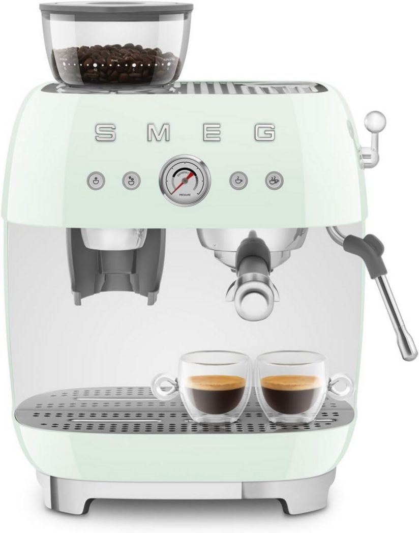 Machine à expresso manuelle Smeg EGF03CREU, avec moulin à grains intégré, thermoblock, 4 niveaux de température, buse vapeur et manomètre, réservoir 1 L, dimensions compactes, 1350 W, couleur crème