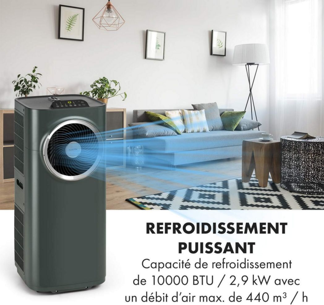 Climatiseur portable silencieux Klarstein, climatiseur portable 5 en 1, mini climatiseur, purificateur et éliminateur d'odeurs, mode nuit, déshumidificateur d'air, faible consommation, 10 000 BTU, climatiseurs