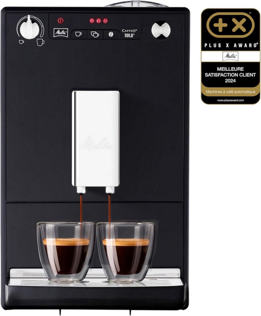 Melitta Caffeo Solo Noir Pure Black, Machine à café à grains avec broyeur et système d'extraction d'arômes, écran LED, mode 1 à 2 tasses, machine à expresso, automatique, E950-222, 1400 W