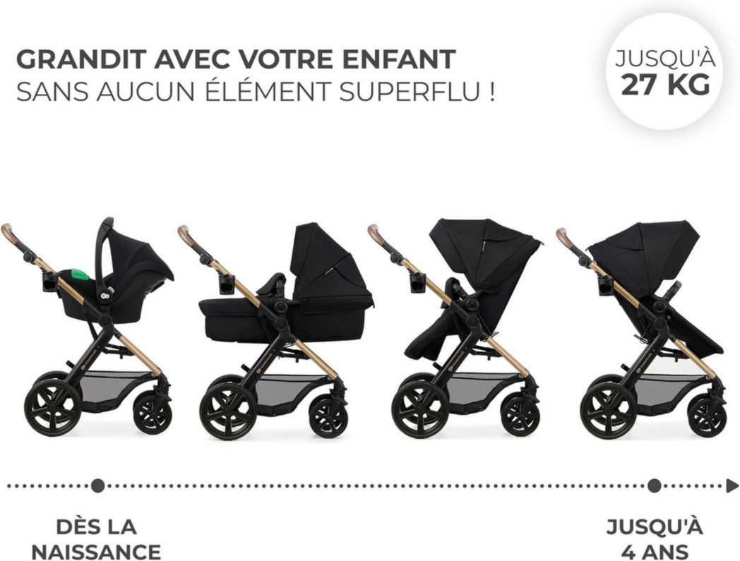 Poussette 3-en-1 Kinderkraft MOOV2, système de voyage de la naissance à 27 kg, siège auto Mink PRO I-Size inclus, pare-soleil extensible avec filtre UPF50+, accessoires pratiques, gris