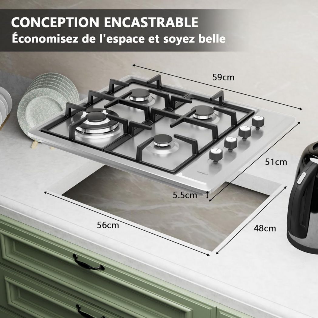Plaque de cuisson à gaz 4 feux, plaque de cuisson 60 cm - Cuisinière encastrable - Gaz de ville et gaz en bouteille (4 feux - Verre)