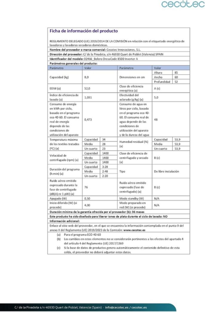 Cecotec Bolero Dresscode 10500 Inverter Steel A. Lave-linge 10 kg Acier, 1400 tr/min, moteur Inverter Plus, Vapeur, Classe A.
