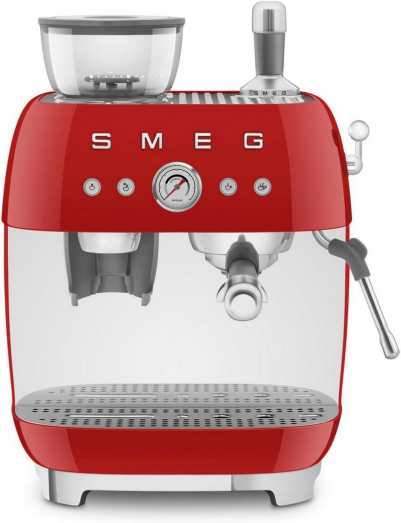 Machine à expresso manuelle Smeg EGF03CREU, avec moulin à grains intégré, thermoblock, 4 niveaux de température, buse vapeur et manomètre, réservoir 1 L, dimensions compactes, 1350 W, couleur crème