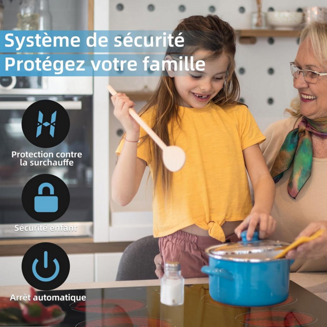 Plaque de cuisson vitrocéramique encastrable 4 feux, WEHIMO 6000W - 59cm - Minuterie, 9 niveaux de puissance, commande tactile, sécurité enfant...