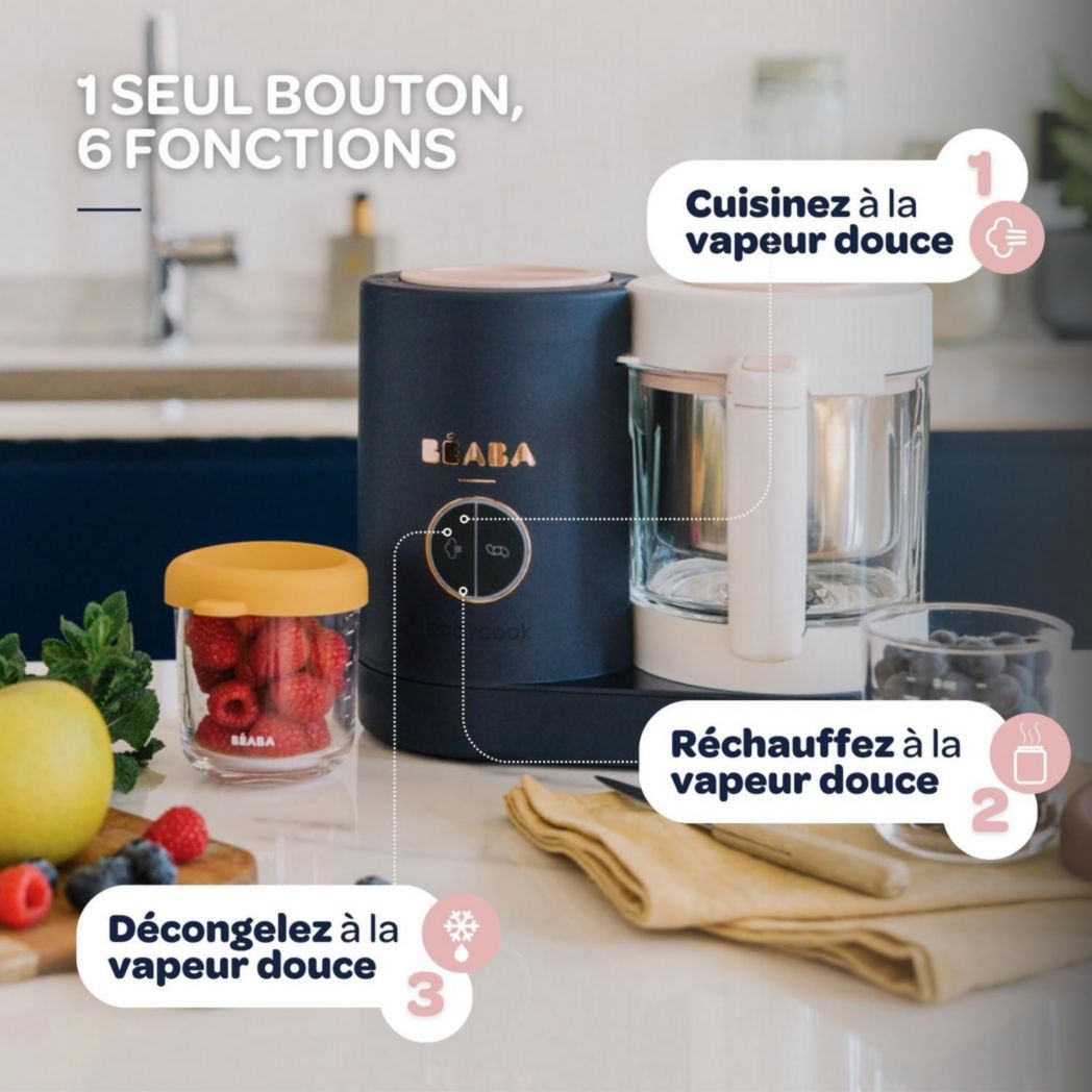 BÉABA, Babycook Néo, Mixeur et Cuiseur Vapeur 6 en 1, Robot Cuiseur Bébé Fabriqué en France, Bol en Verre, Cuve en Inox, Grande Capacité, Diversification des Aliments, Petits Pots Bébé Maison, Rapide, Eucalyptus