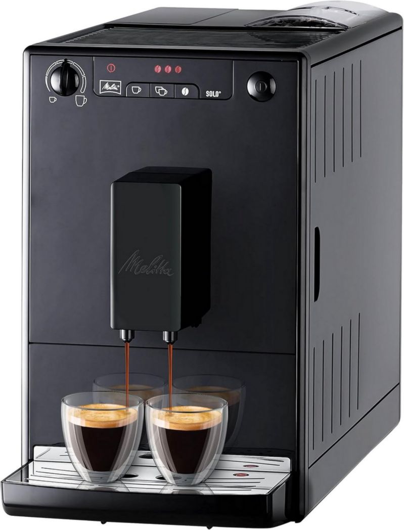 Melitta Caffeo Solo Noir Pure Black, Machine à café à grains avec broyeur et système d'extraction d'arômes, écran LED, mode 1 à 2 tasses, machine à expresso, automatique, E950-222, 1400 W