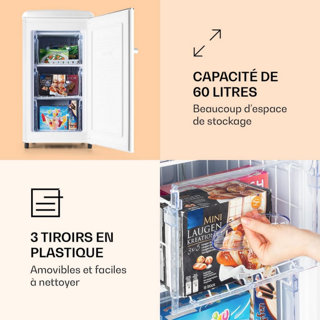 KLARSTEIN Laika - Congélateur, volume total 60 litres, thermostat 5 niveaux, 0 à -18°C, 3 clayettes, pose libre, design rétro - rouge