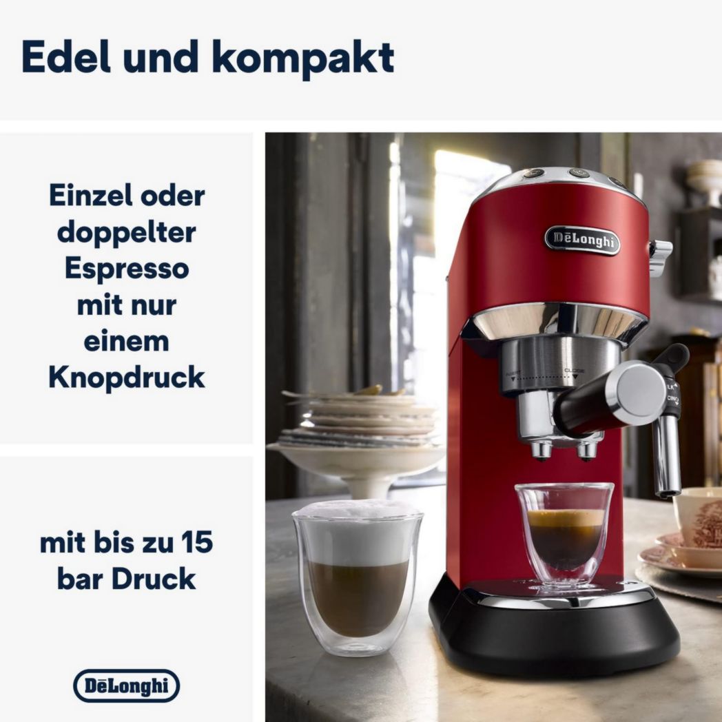 De'Longhi Dedica Style EC685.M, Machine à expresso avec buse à mousse de lait professionnelle, seulement 15 cm de large, réservoir de 1 L, boîtier en métal, compatible avec les dosettes ESE, métal