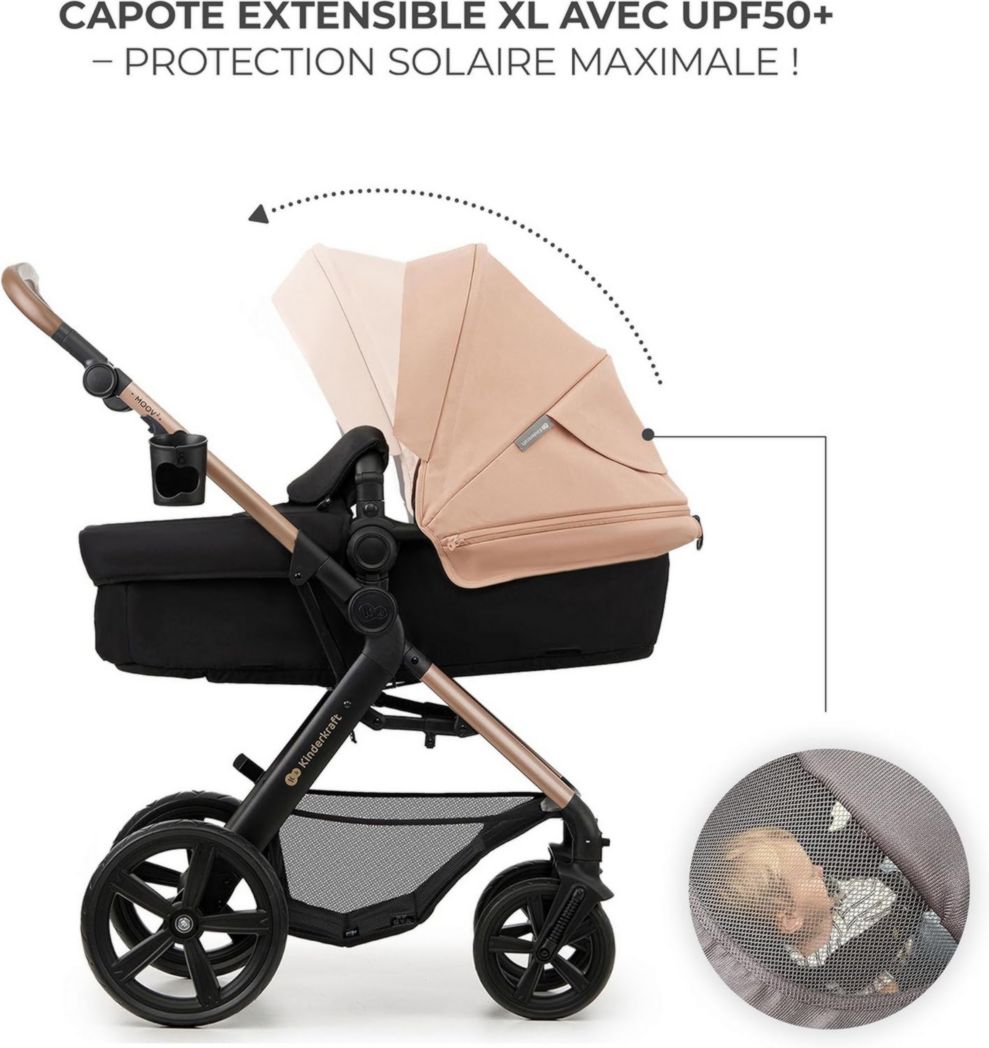 Poussette 3-en-1 Kinderkraft MOOV2, système de voyage de la naissance à 27 kg, siège auto Mink PRO I-Size inclus, pare-soleil extensible avec filtre UPF50+, accessoires pratiques, gris