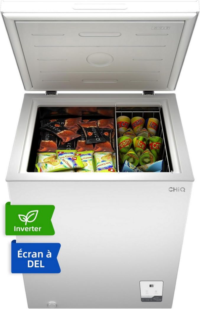 Congélateur coffre CHIQ 142 L, 63,5 x 55,6 x 83,5 cm, congélateur Inverter, affichage de la température extérieure, congélation rapide -32 °C, grille métallique, faible niveau sonore