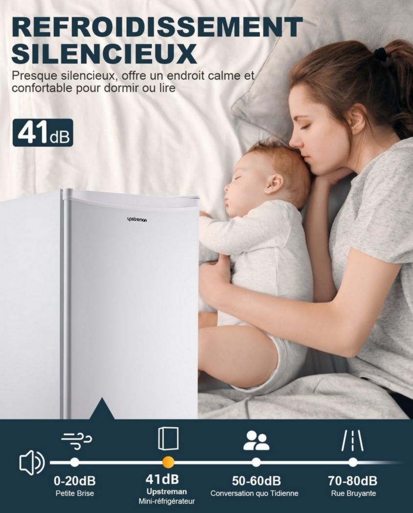 Mini-réfrigérateur Upstreman 91 L avec congélateur, thermostat réglable, pour petite pièce, réfrigérateur haut de gamme pour dortoir, bureau, blanc - BR321